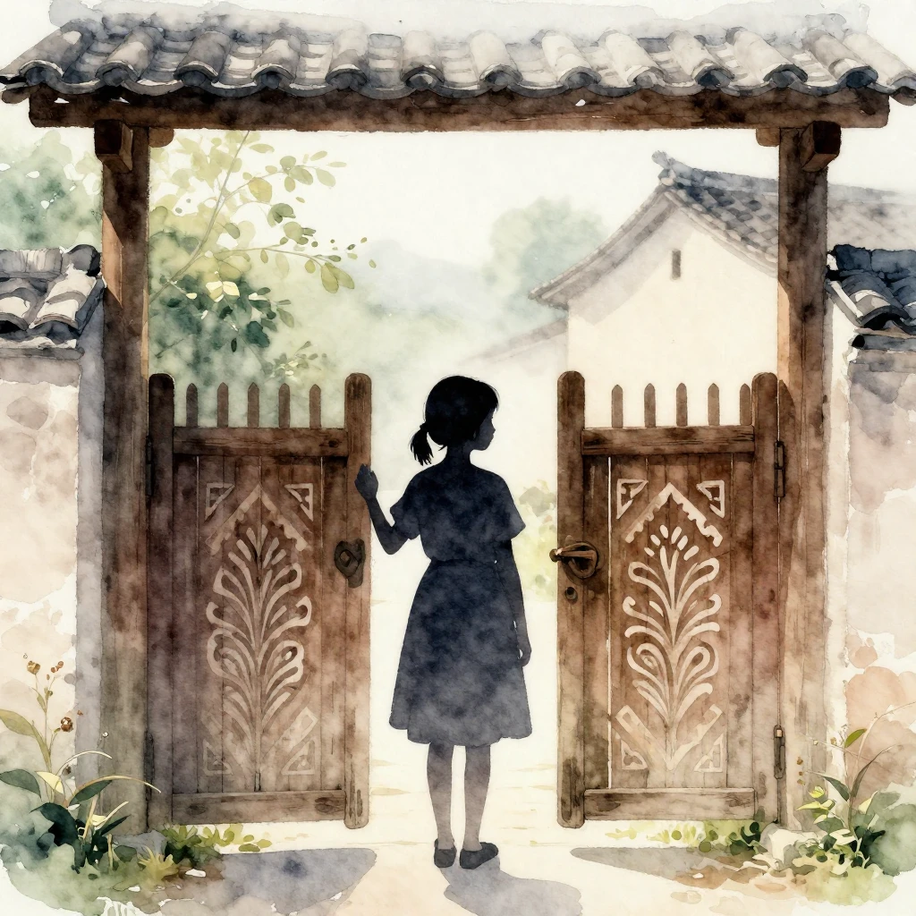 Watercolor style. Silhouette of a young girl standing by a t...