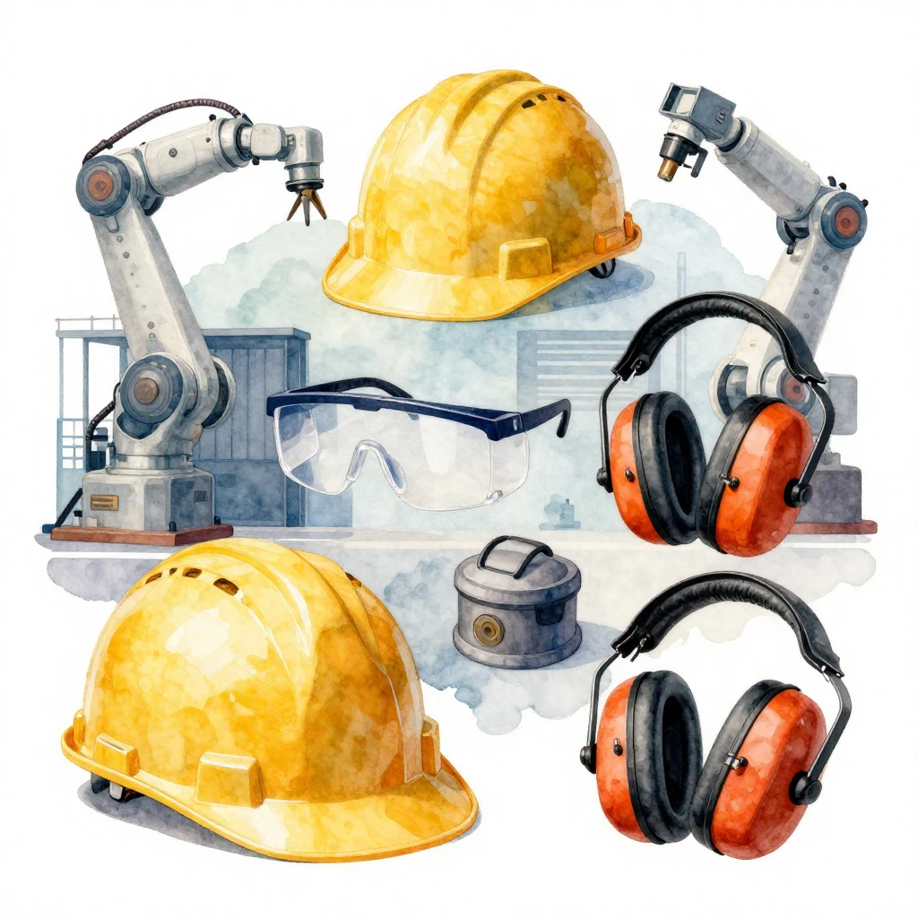 A dynamic watercolor illustration of various industrial safe...