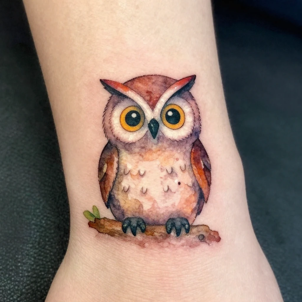 A close-up of a hand with a small, artistic owl tattoo being...