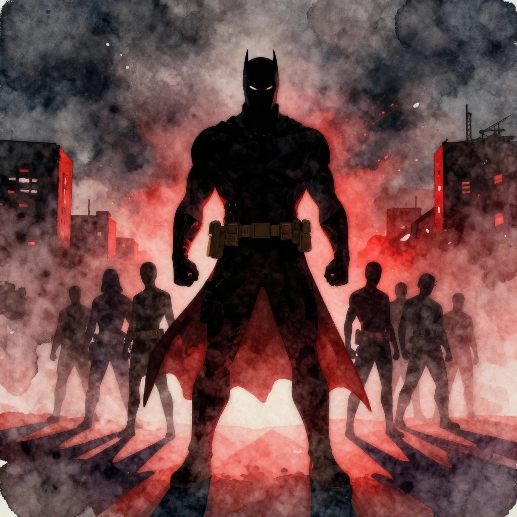 A stylized silhouette of a powerful, determined vigilante fi...