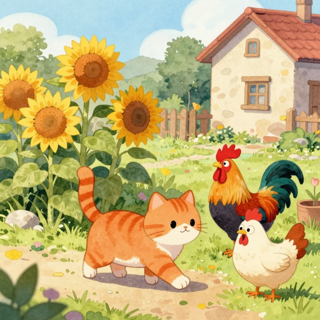 Watercolor painting of a cute ginger cat walking in a sunny ...