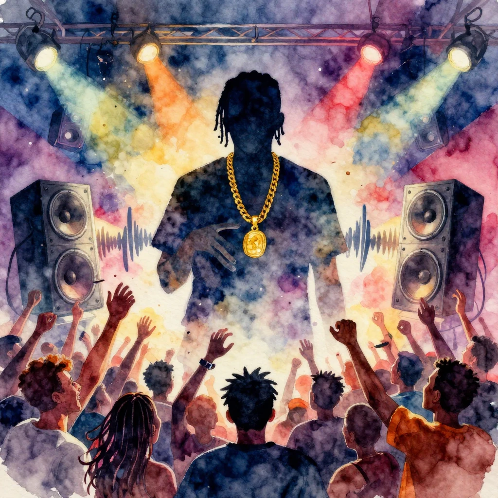 Vibrant watercolor art of a dynamic rap album cover concept,...