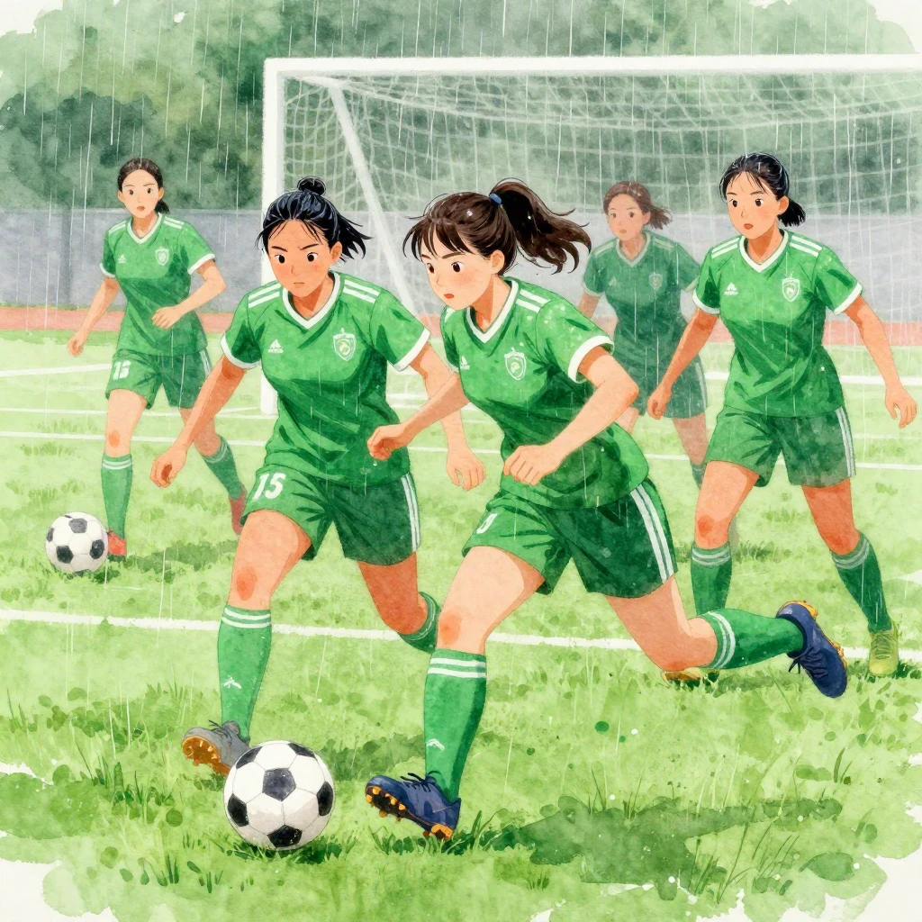 Vibrant watercolor illustration of a female soccer team play...