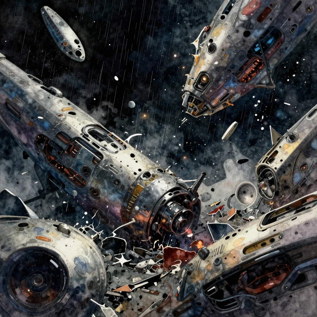 A dramatic and dark sci-fi crash scene in the vastness of de...