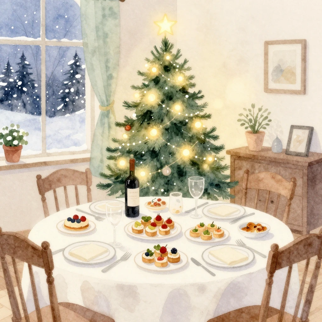 Watercolor style illustration of a cozy winter interior with...