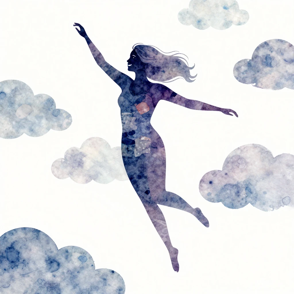 A vibrant watercolor folk art illustration of a woman's silh...