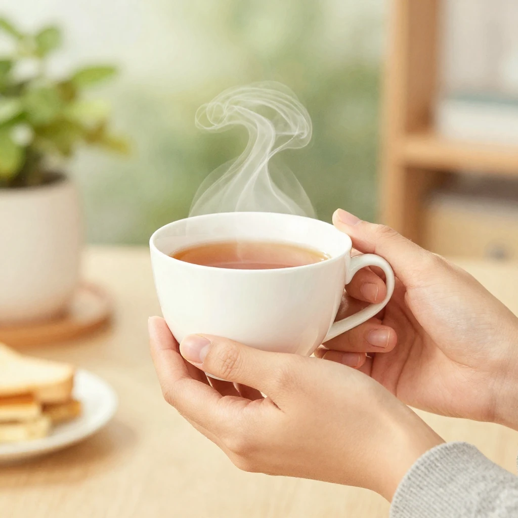 A person's hands gently holding a steaming teacup, with a so...