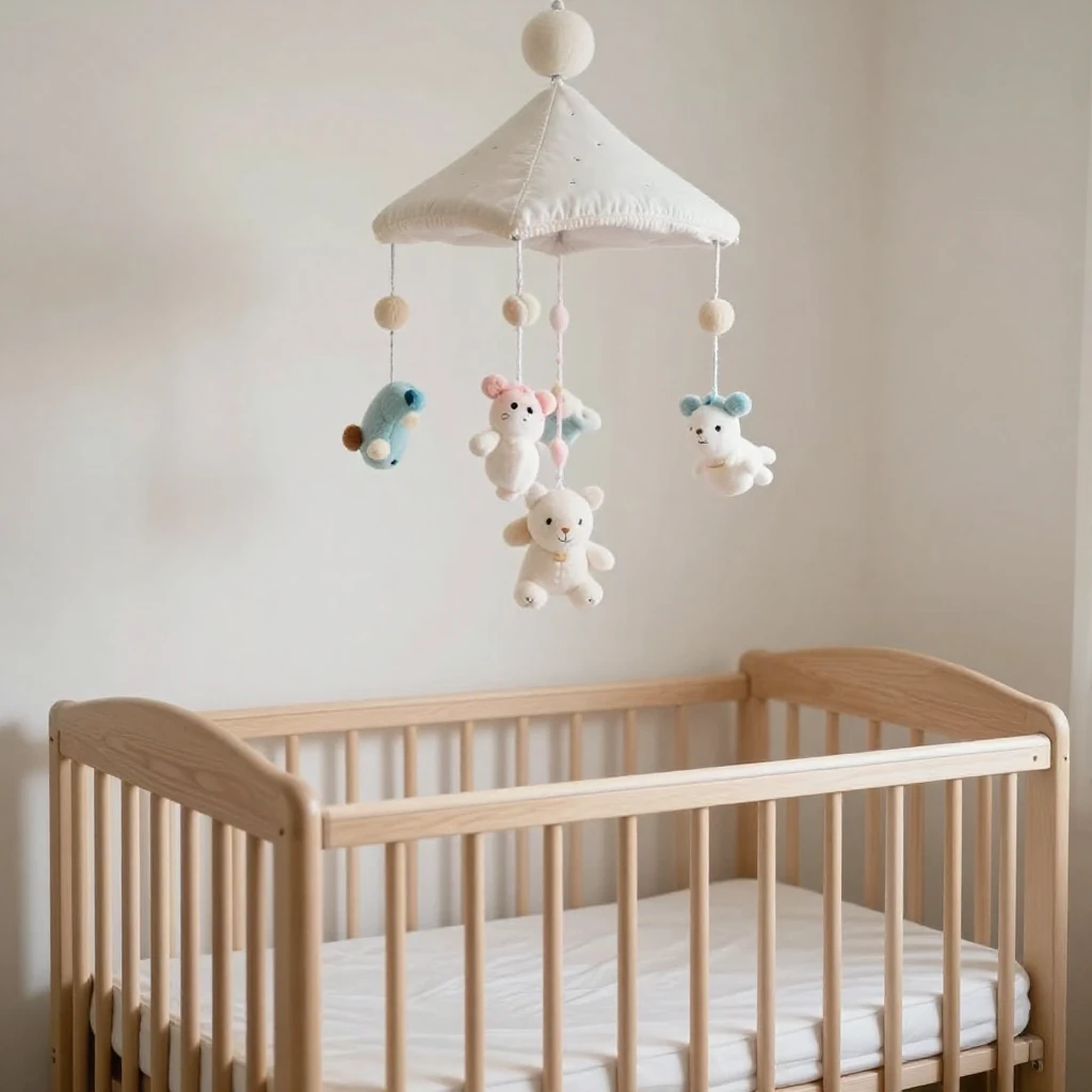 A soft nursery scene with a wooden cradle, a mobile hanging ...