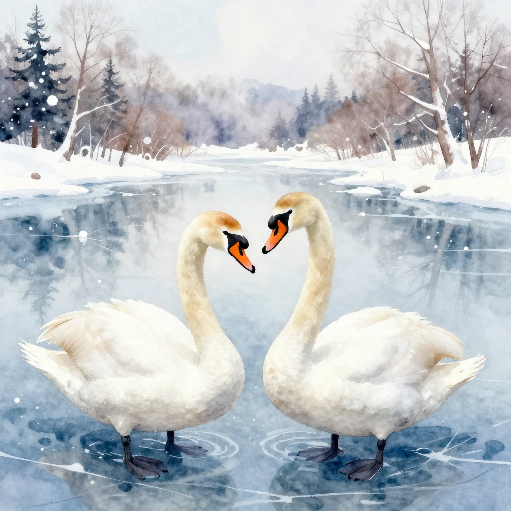 Vibrant watercolor style. Two swans on a frozen lake, one lo...