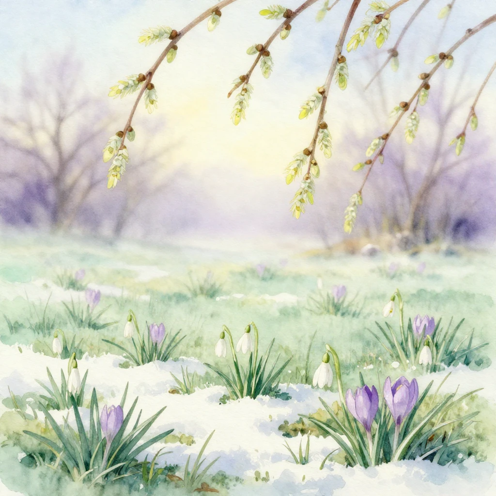 A delicate watercolor painting of a serene meadow in early M...