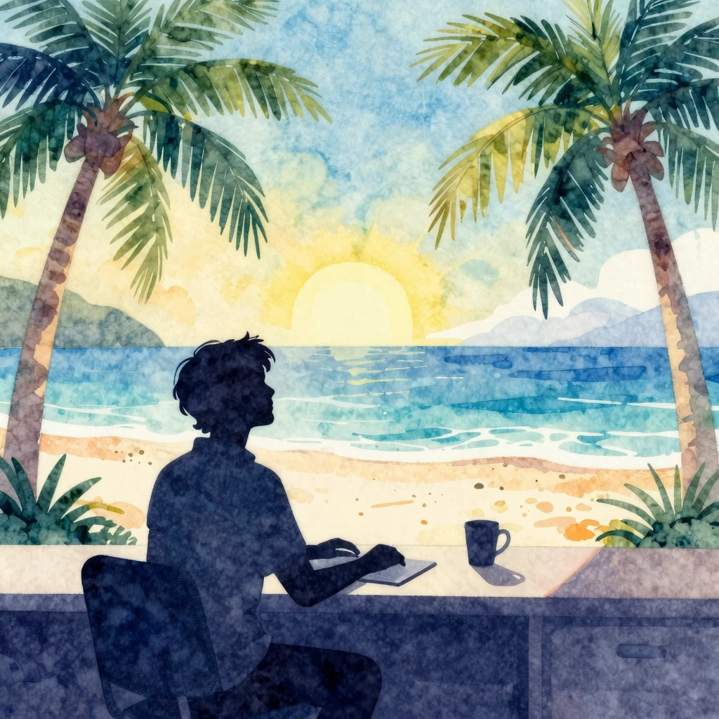 Vibrant watercolor style. A person's silhouette at a desk, d...