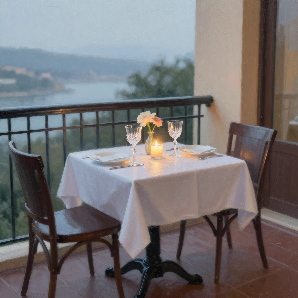 An intimate dining setup on a balcony, with a small table se...