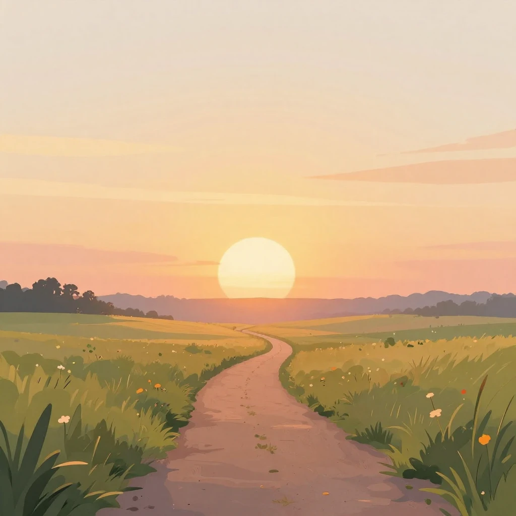 A serene, hopeful illustration of a sunrise over a gentle la...