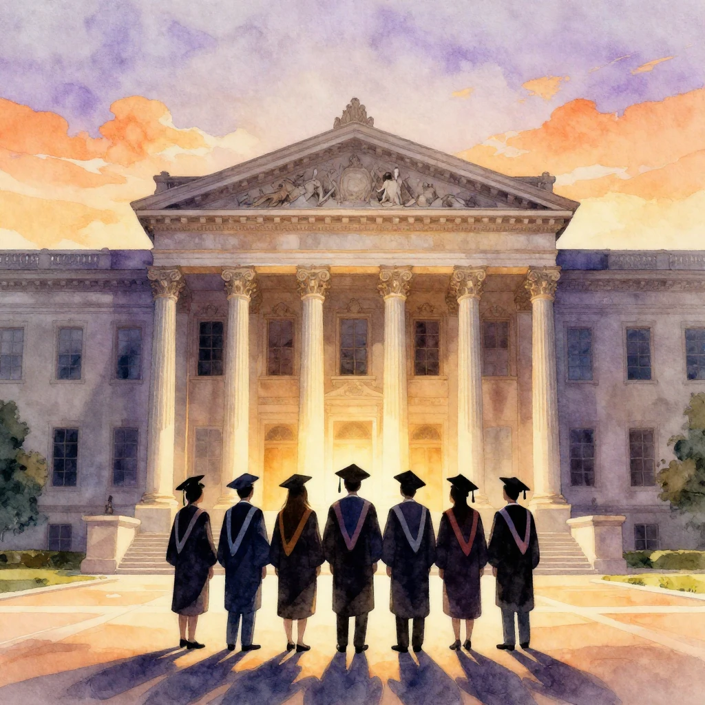 Watercolor style. A group of graduates in silhouette, wearin...