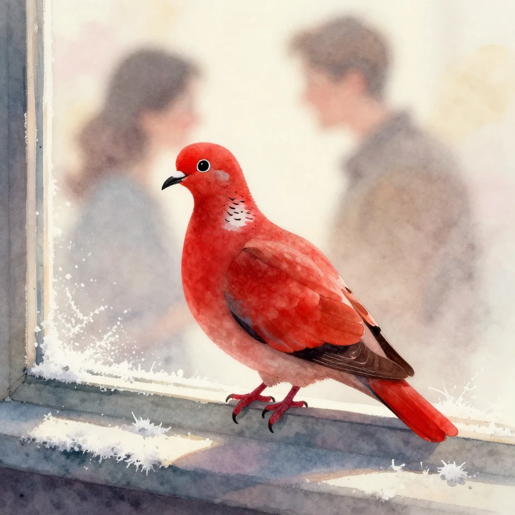 A small, vibrant crimson dove perched on a frosty window sil...