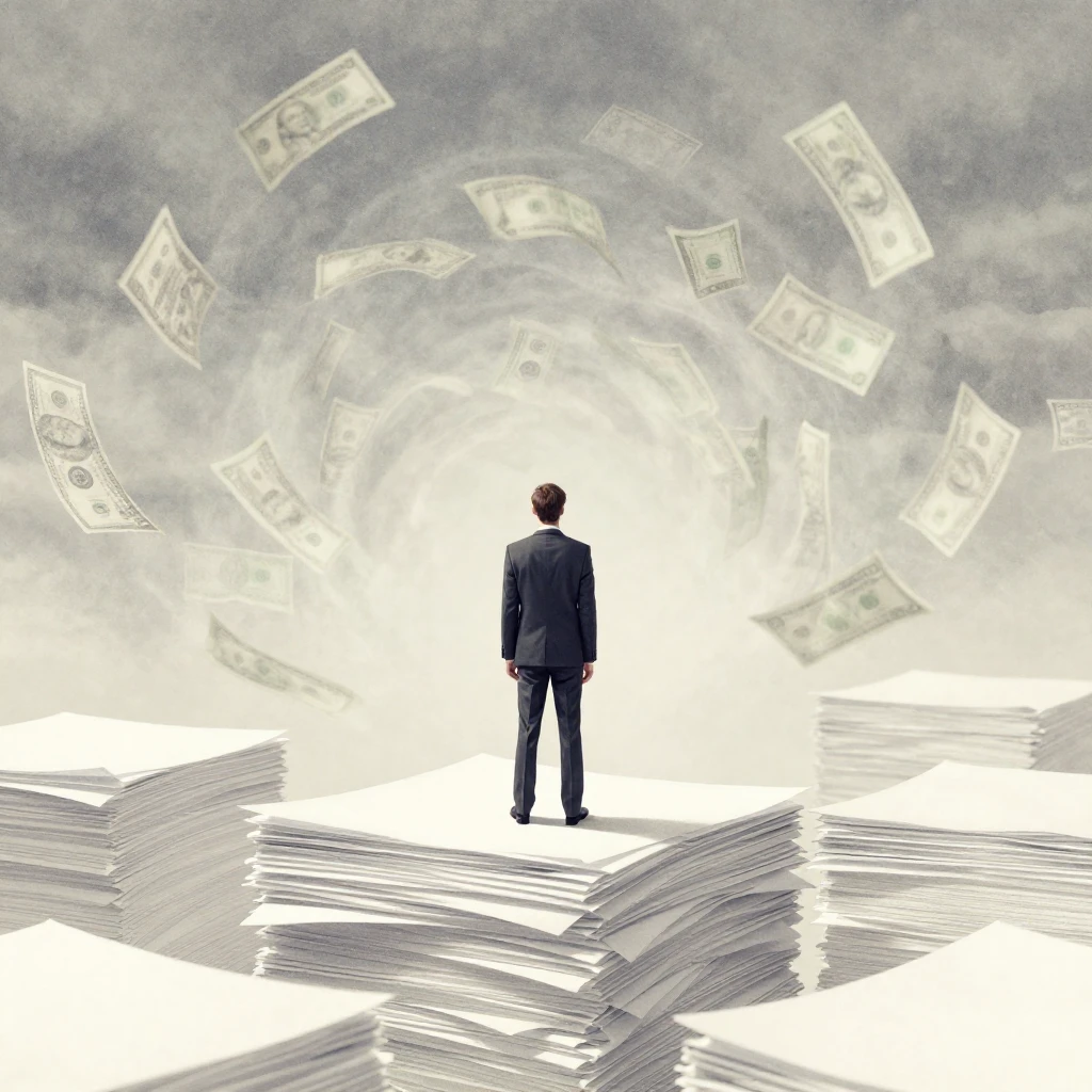 A minimalist watercolor painting of a lone figure in a busin...