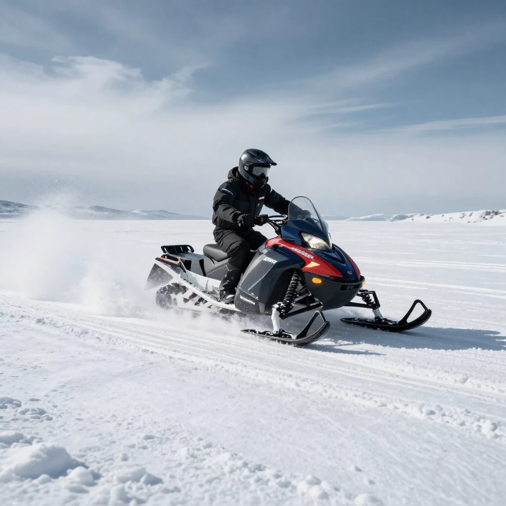 A powerful snowmobile with a rider, kicking up snow, speedin...
