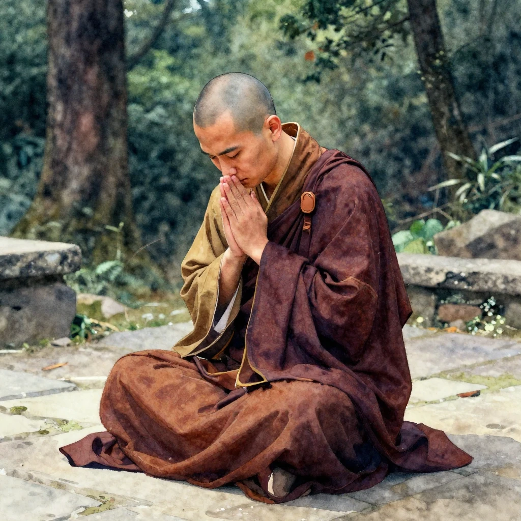 A solitary monk in a traditional, flowing robe, with his hea...
