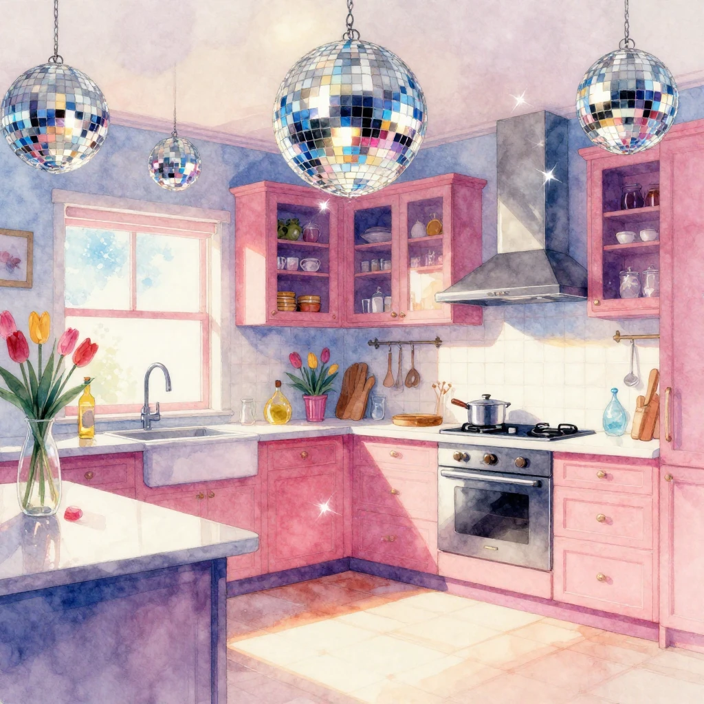 An imaginative disco-themed kitchen interior, featuring spar...