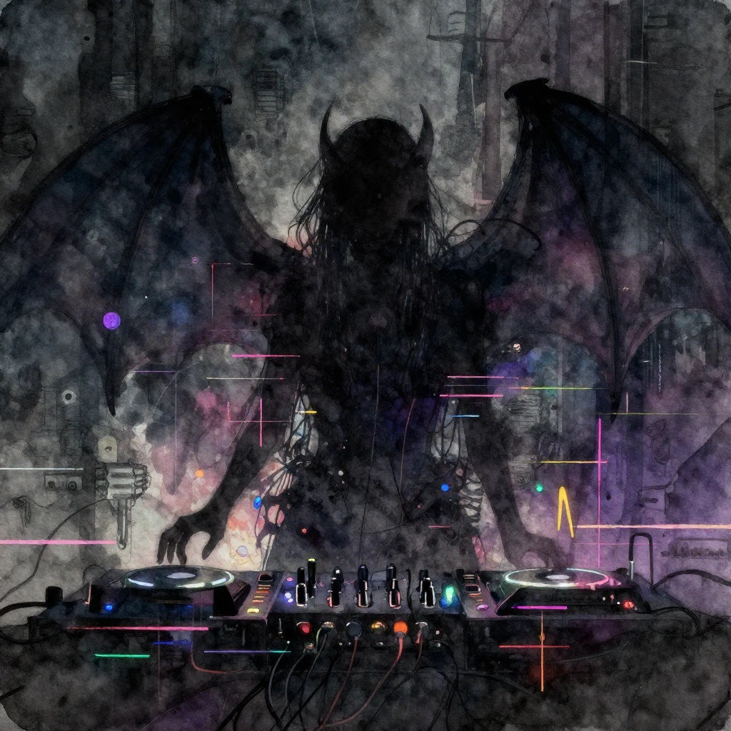 A chaotic blend of industrial textures, glitch effects, and ...