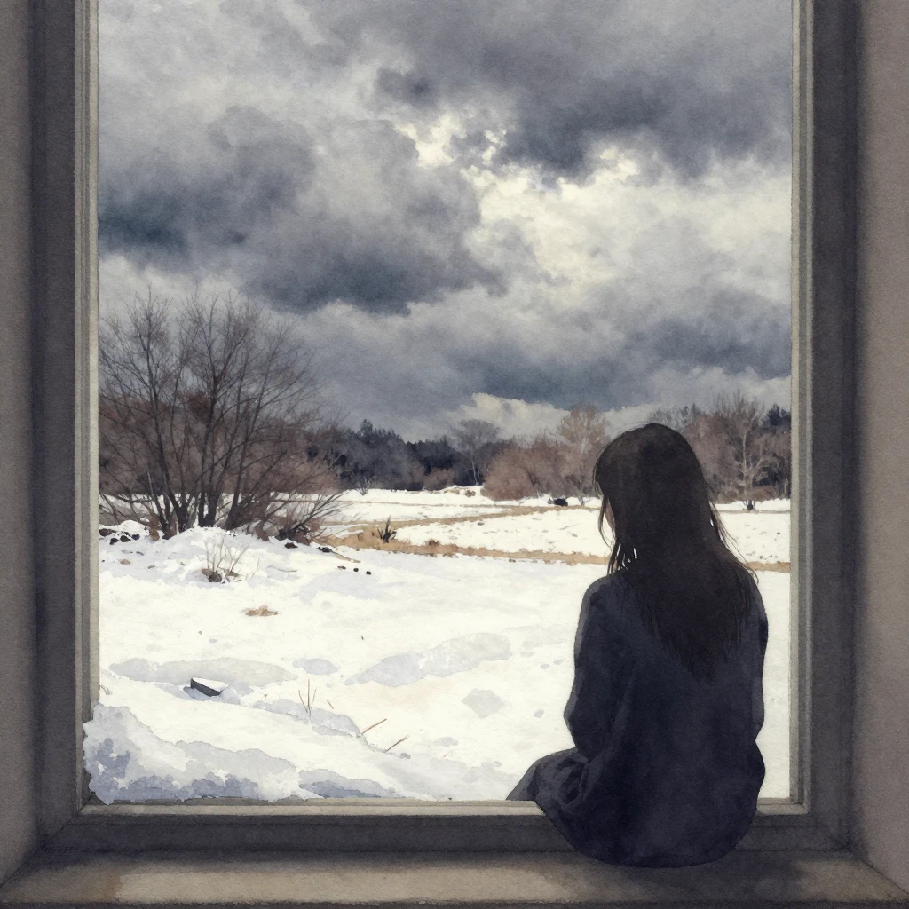 A melancholic spring landscape, watercolor style, with a thi...