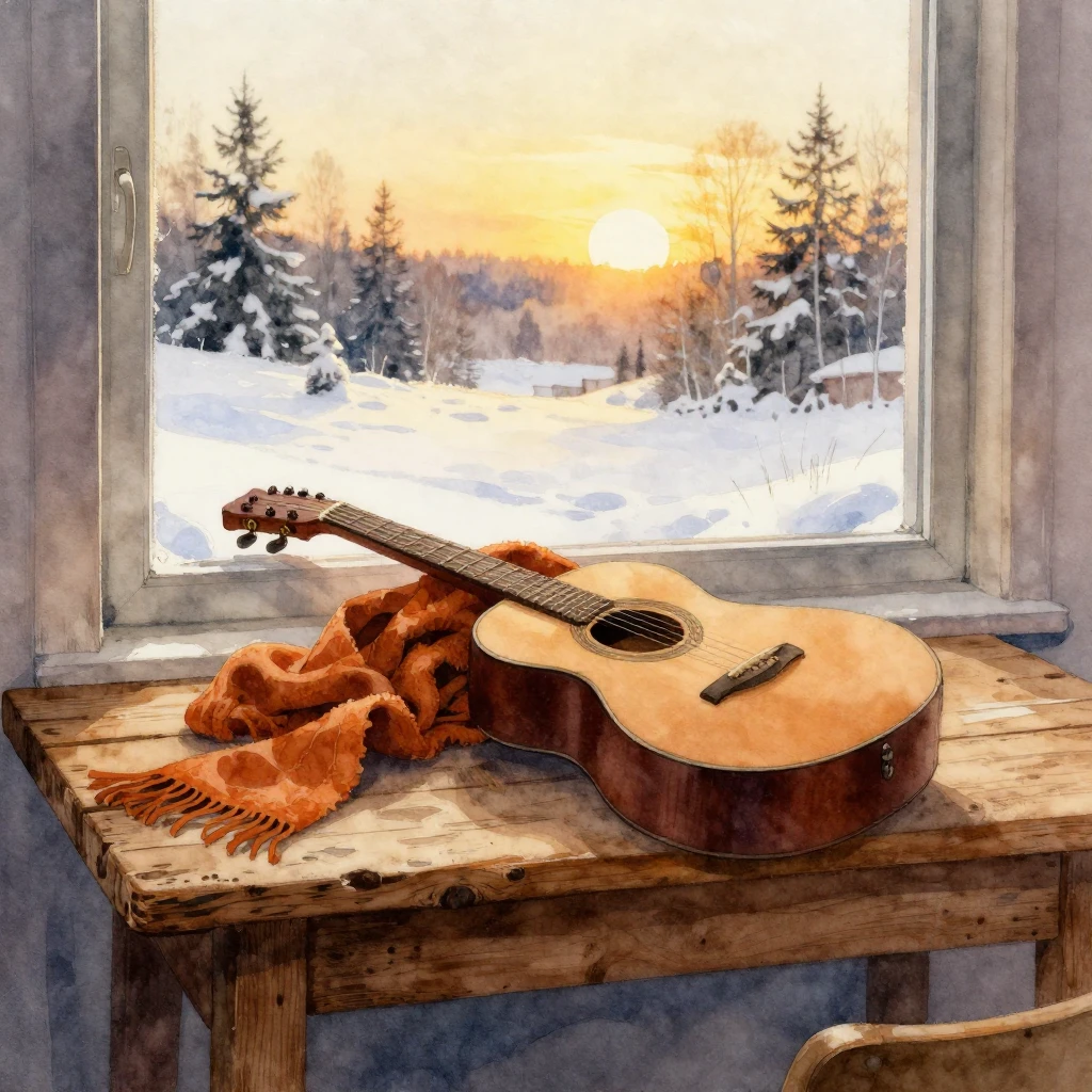 Watercolor painting of a guitar and a warm scarf resting on ...