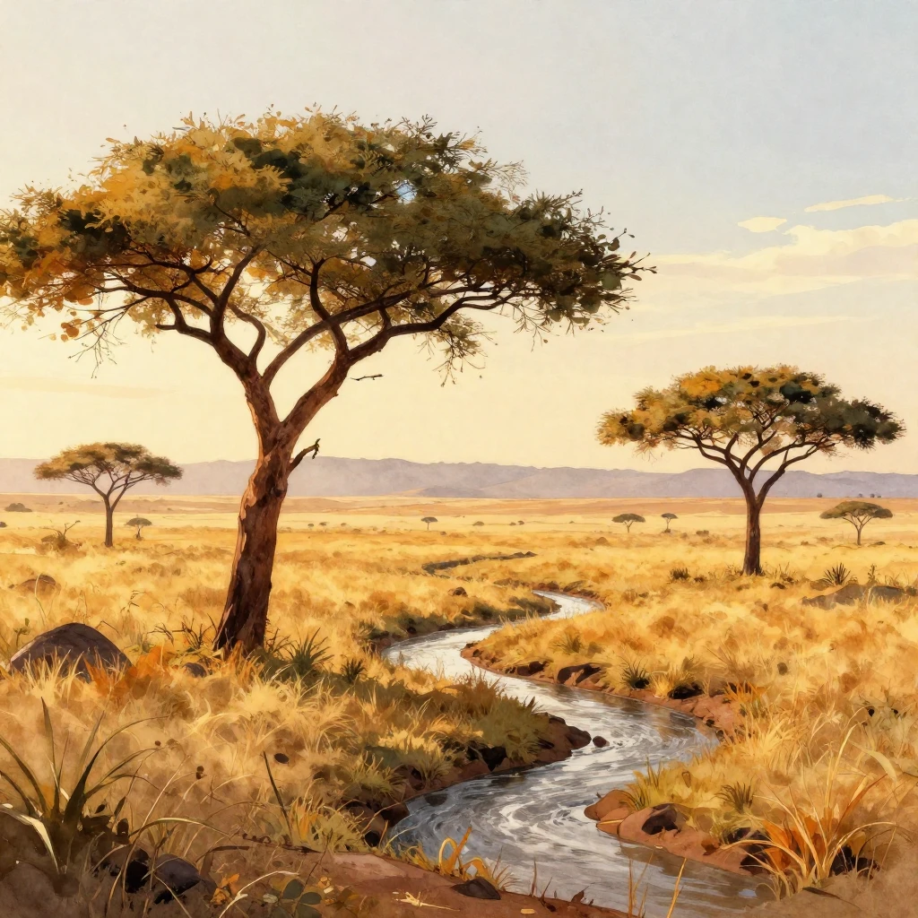 A panoramic view of an African savanna at sunrise, warm gold...