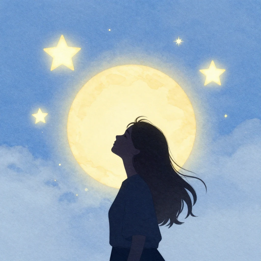 A silhouette of a woman looking up at a warm, glowing sun in...