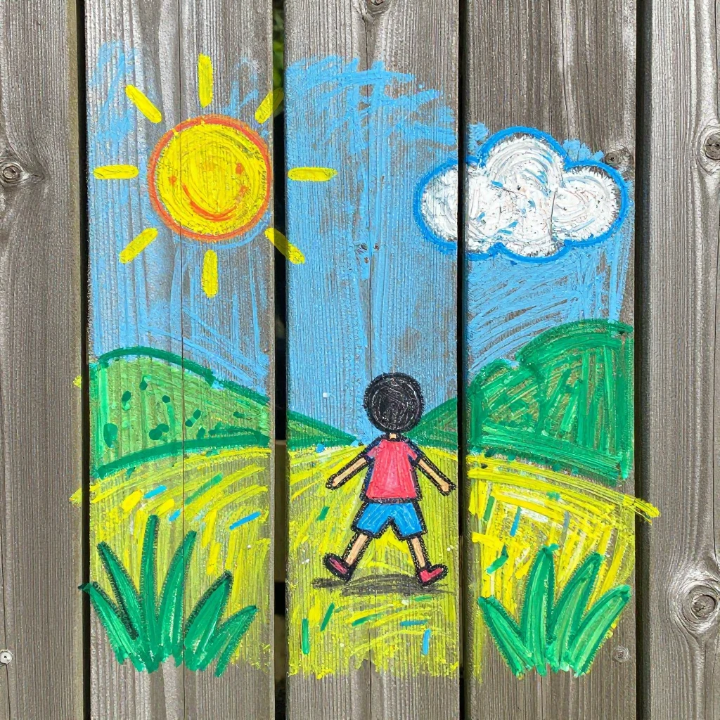 A vibrant, temporary chalk drawing on a weathered wooden fen...