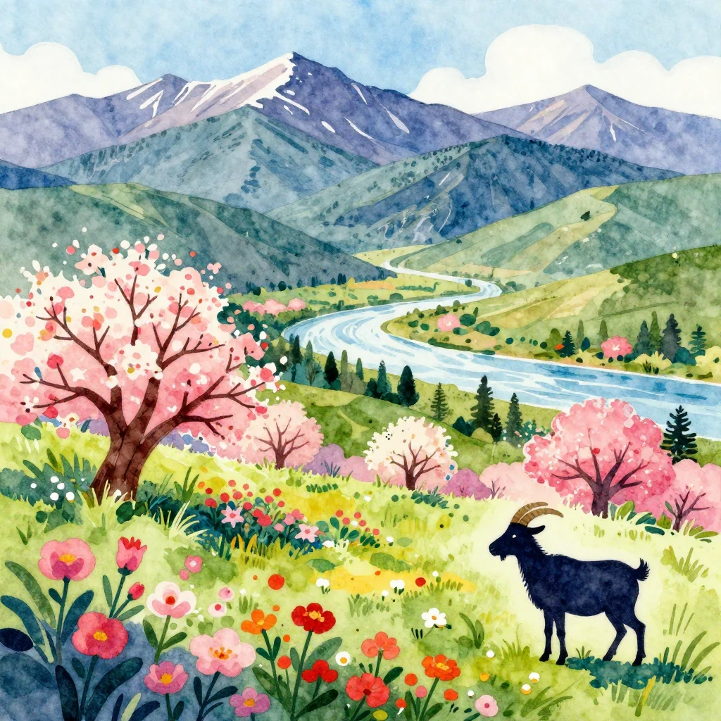 Vibrant watercolor illustration focusing on the Zhiguli Moun...