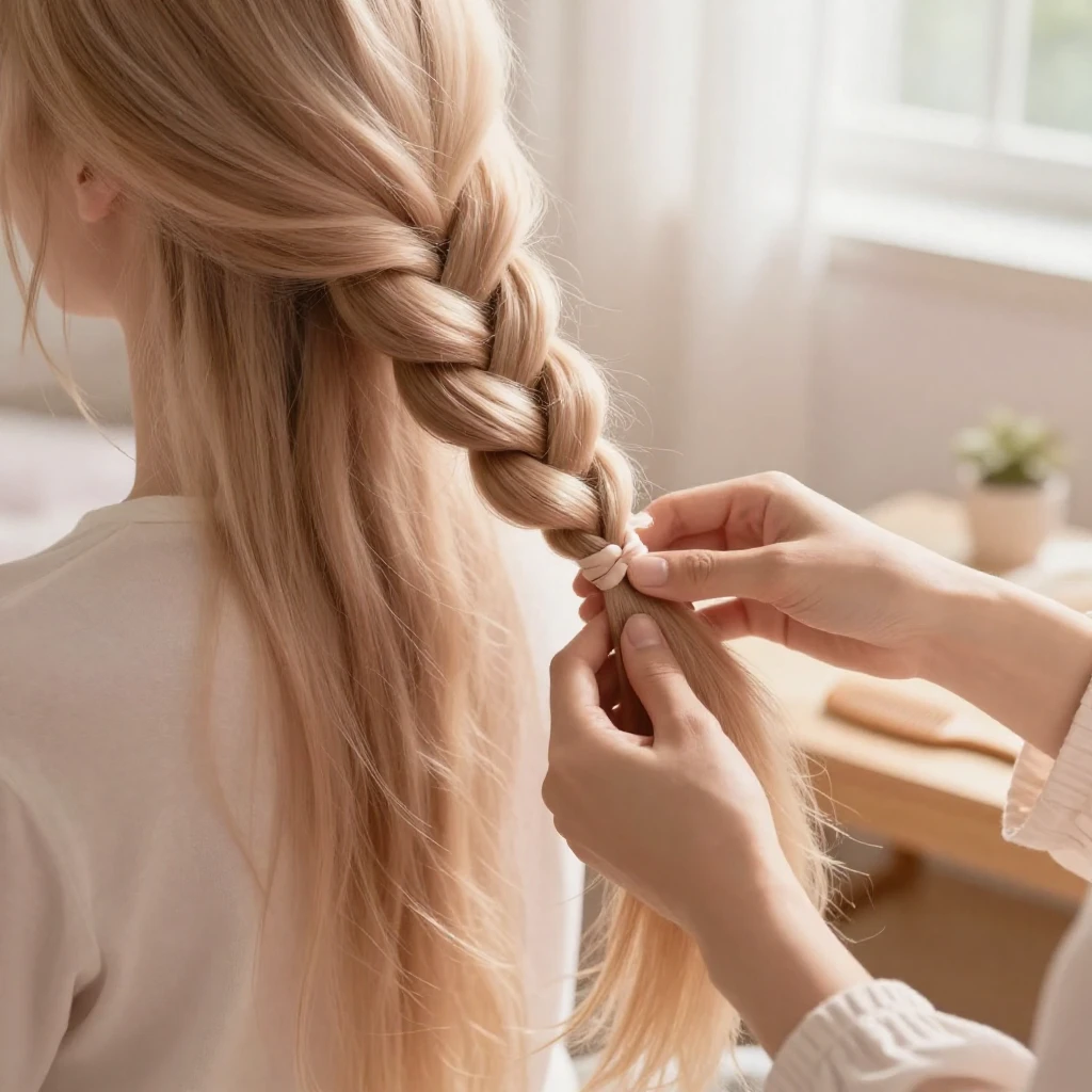 Close-up of hands gently braiding long, flowing hair, soft m...