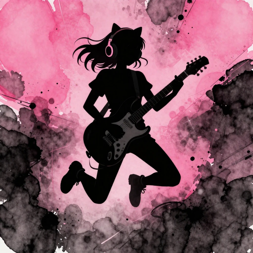 Anime style silhouette of a girl with cat ears headphones, j...