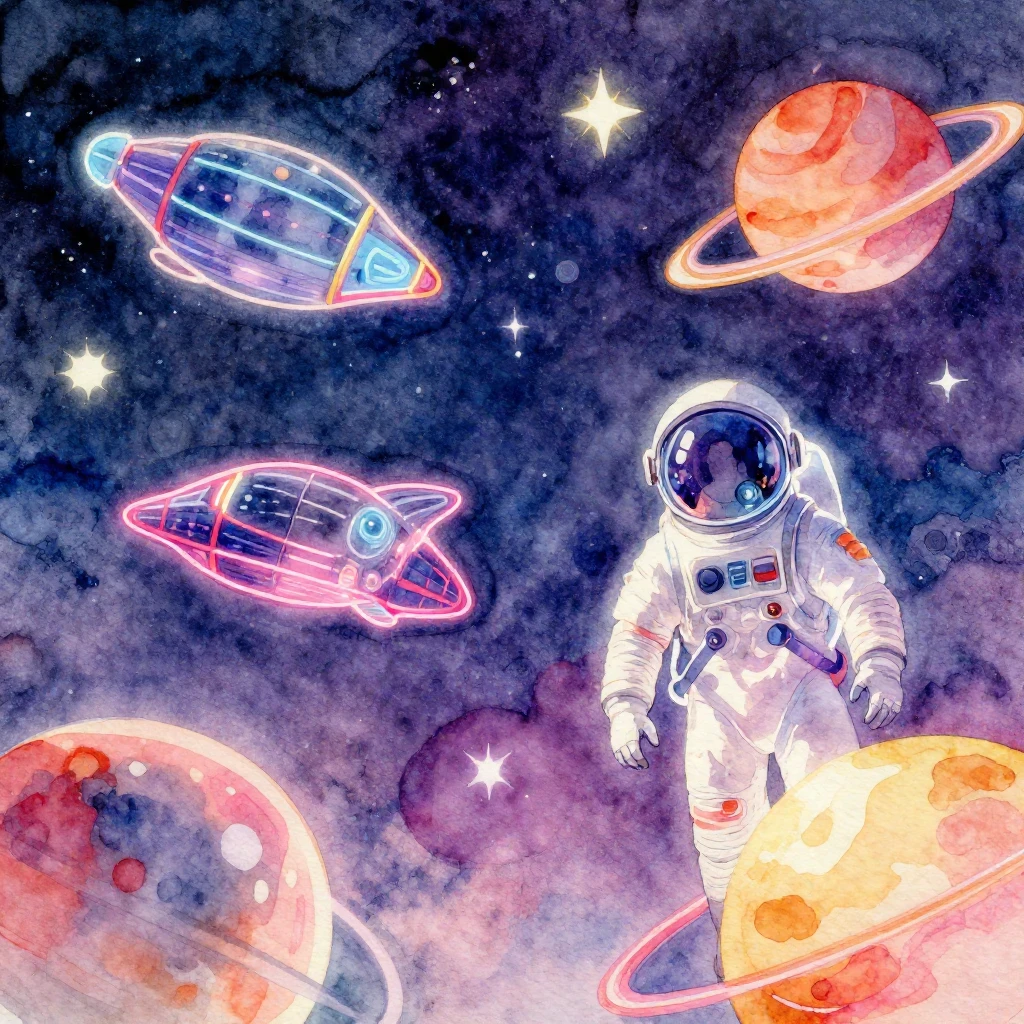 Vibrant watercolor synthwave album cover, 1970s space disco ...
