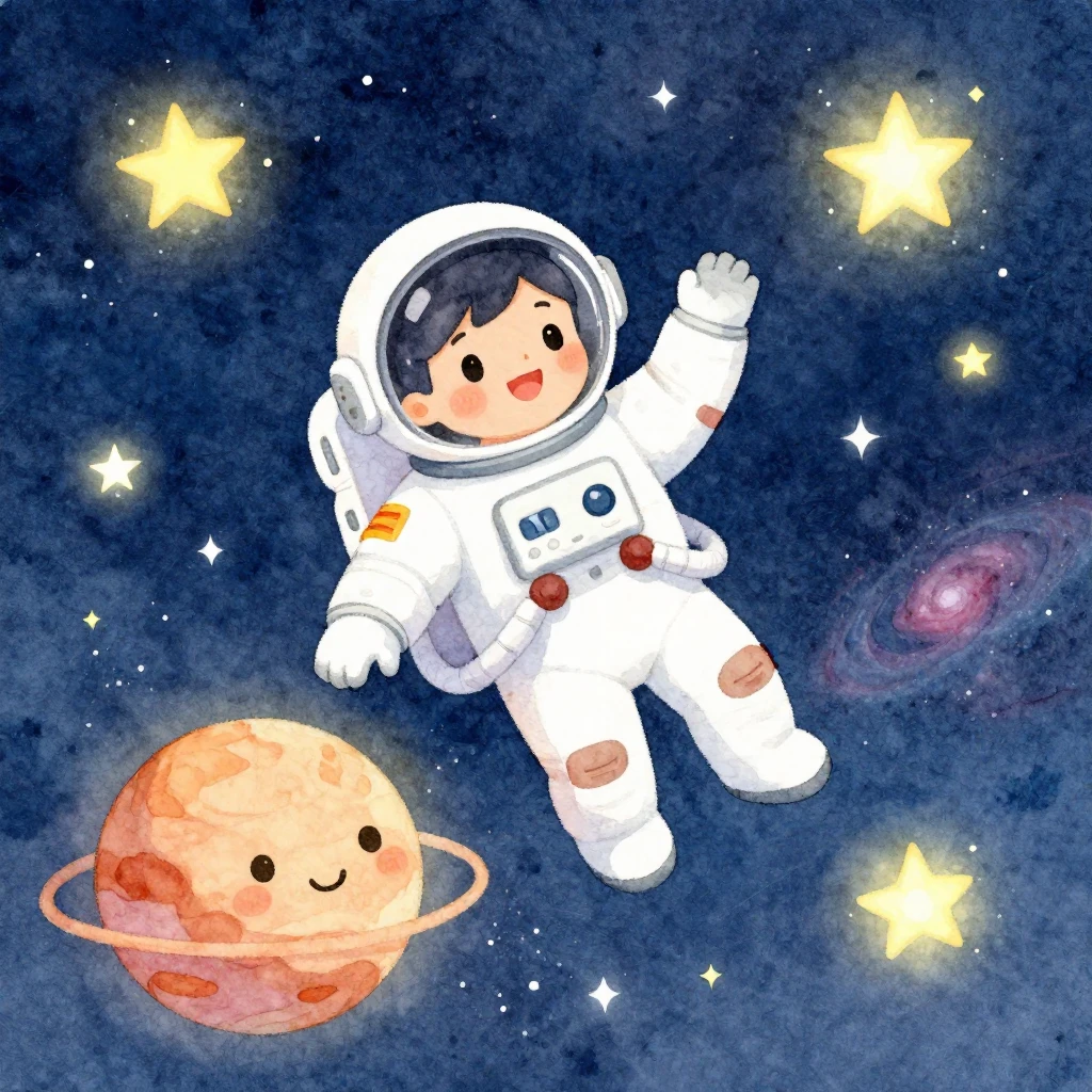 A whimsical, colorful watercolor illustration. A child astro...
