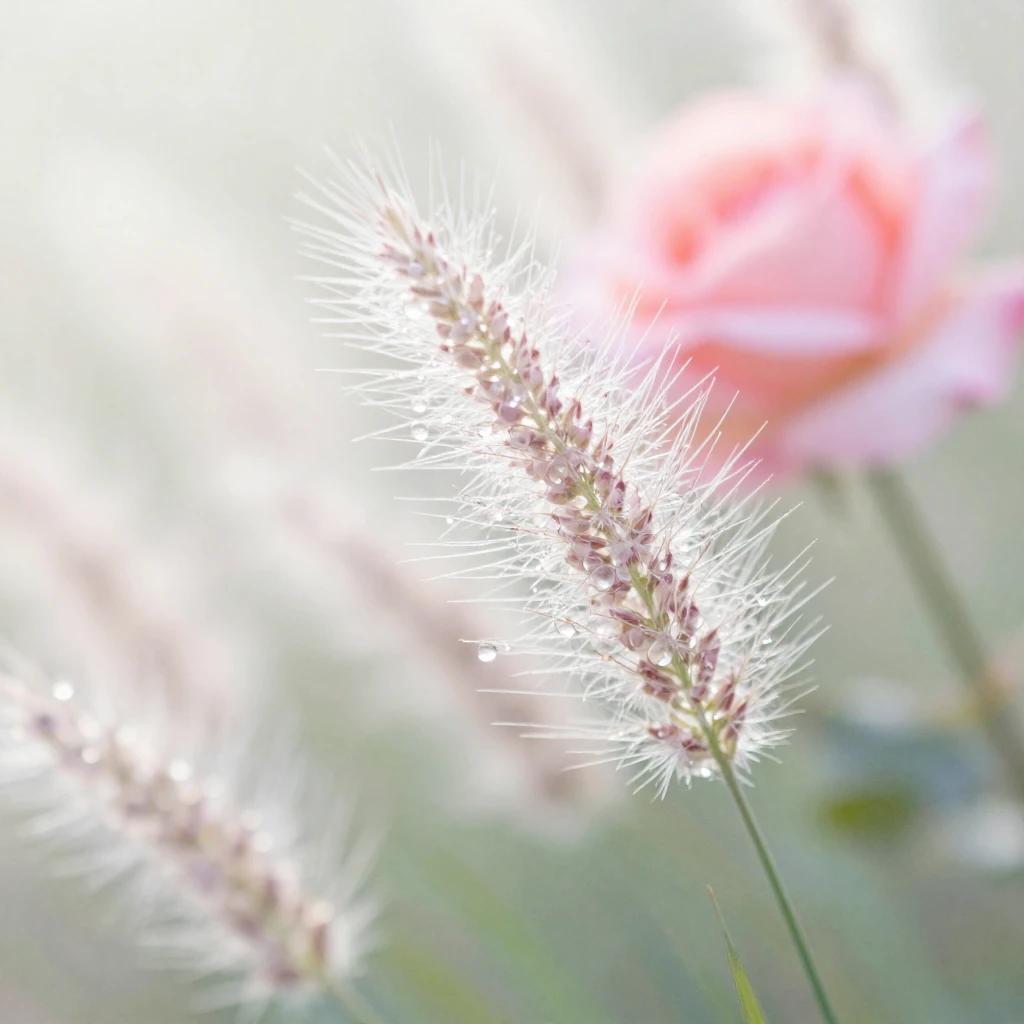Close-up of blooming feather grass with morning dew drops, s...