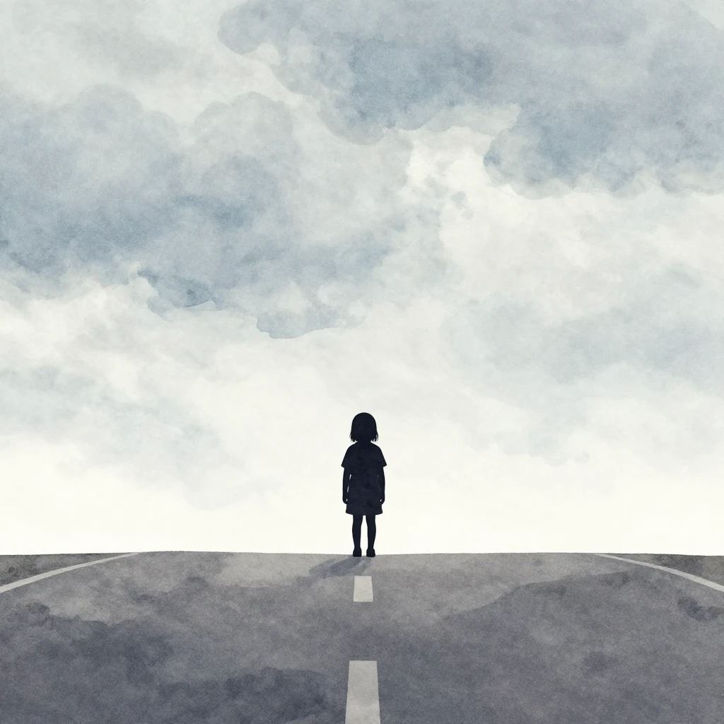 A small child's silhouette stands alone on a long, empty roa...