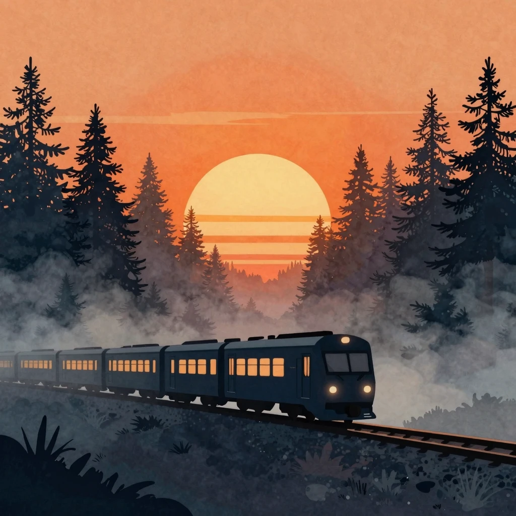 Watercolor style. A minimalist silhouette of a train moving ...