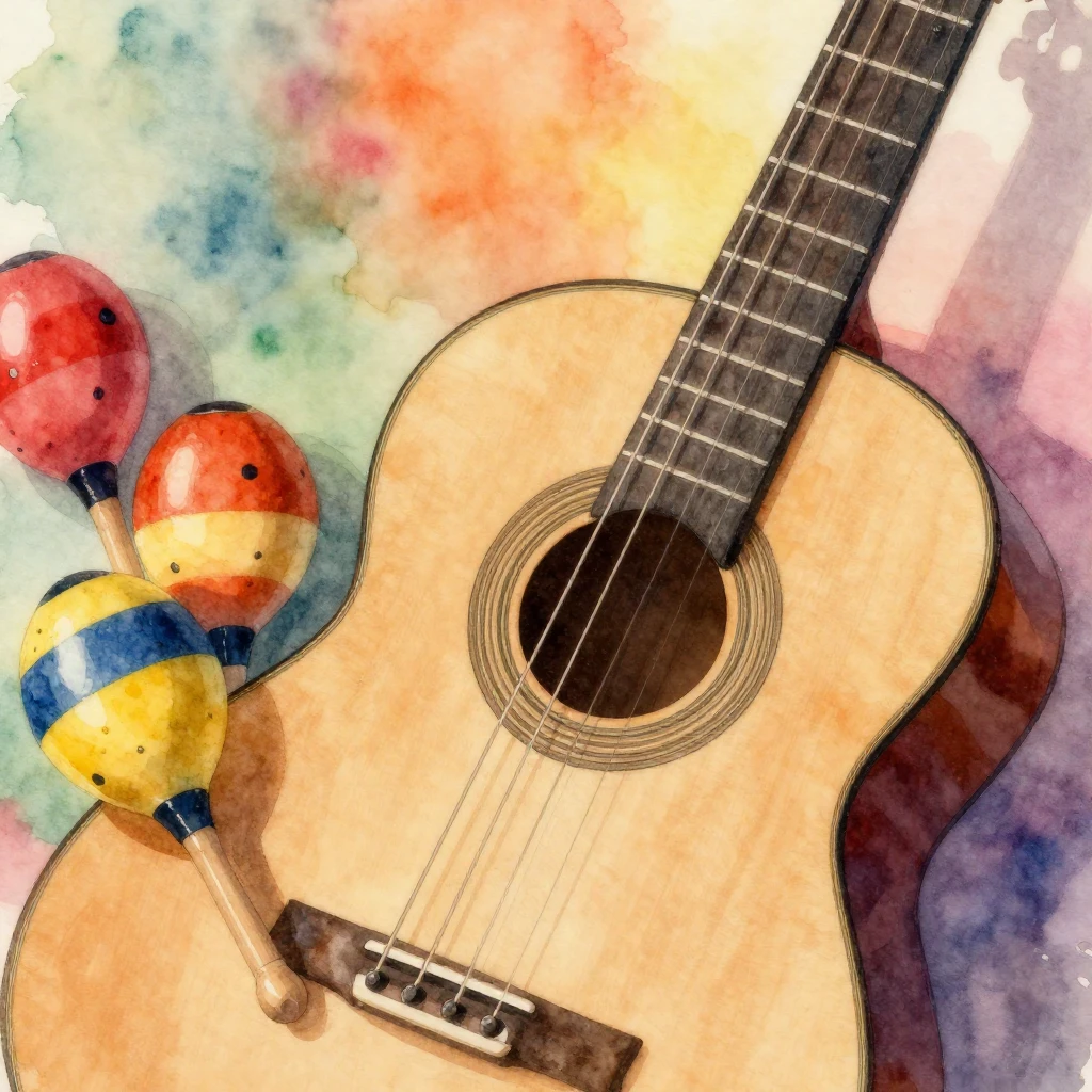 A close-up of a classical guitar and a pair of maracas, artf...