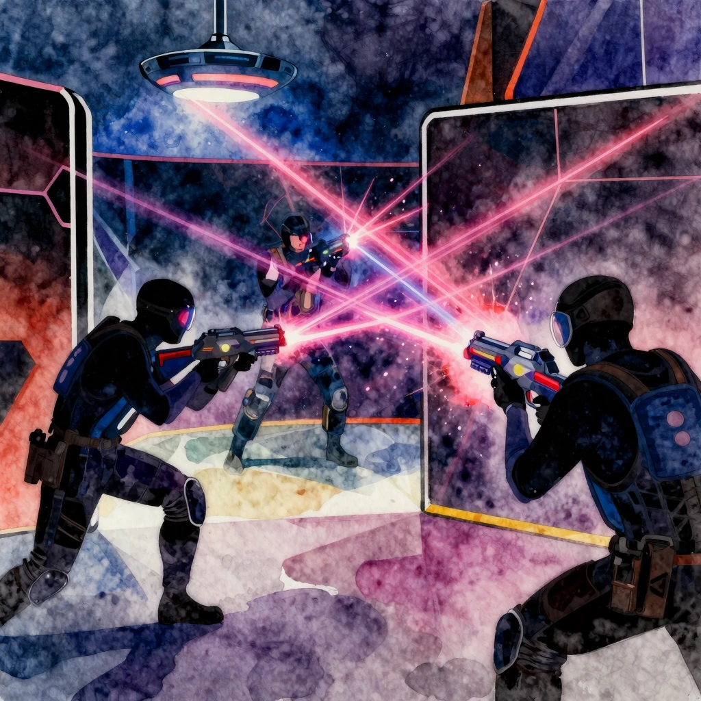 Vibrant watercolor style. Dark futuristic laser tag arena, d...