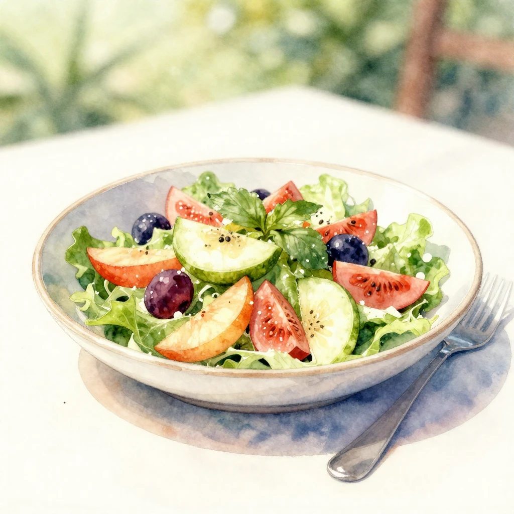 A watercolor painting of a light and refreshing summer meal,...