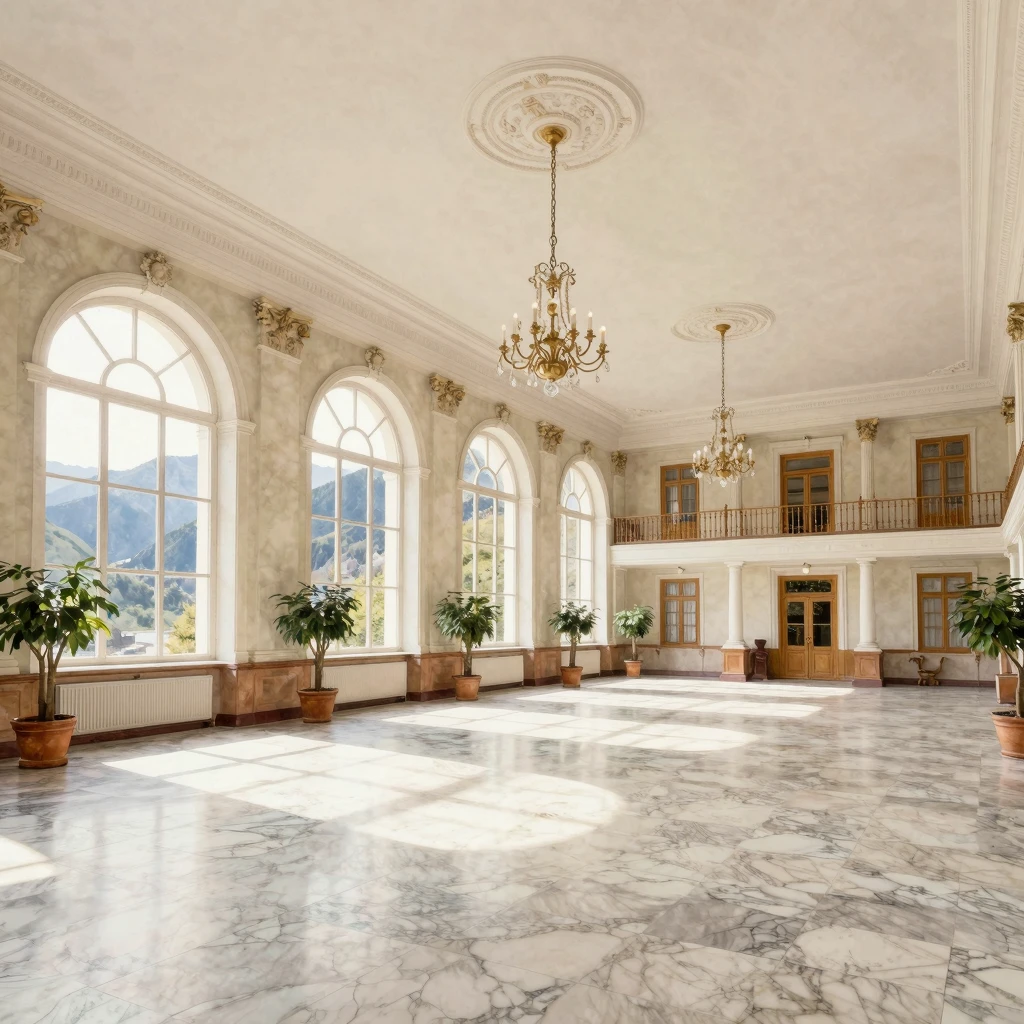 Interior of a 19th-century grand sanatorium hall with high c...