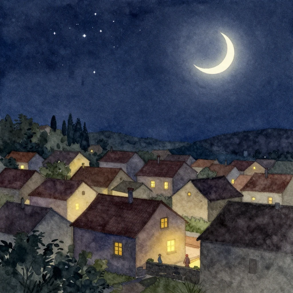 A watercolor night scene of a quiet village under a starry s...