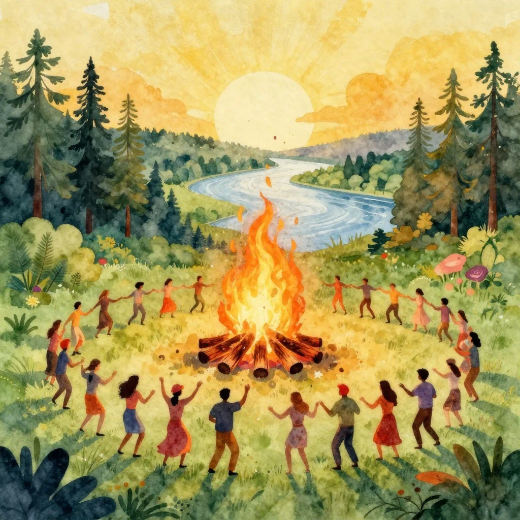A vibrant watercolor illustration of a summer solstice celeb...