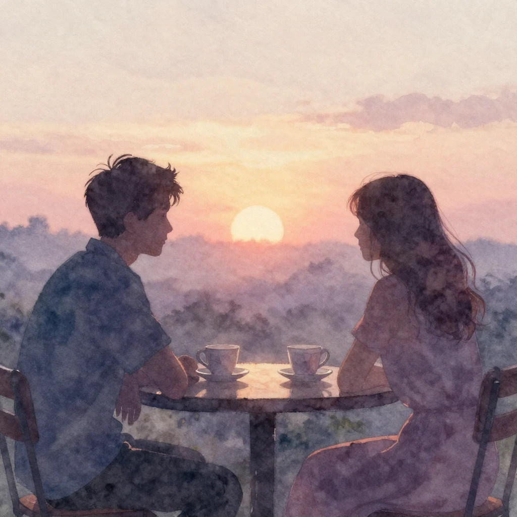 Vibrant watercolor style. A melancholic, faded image of two ...