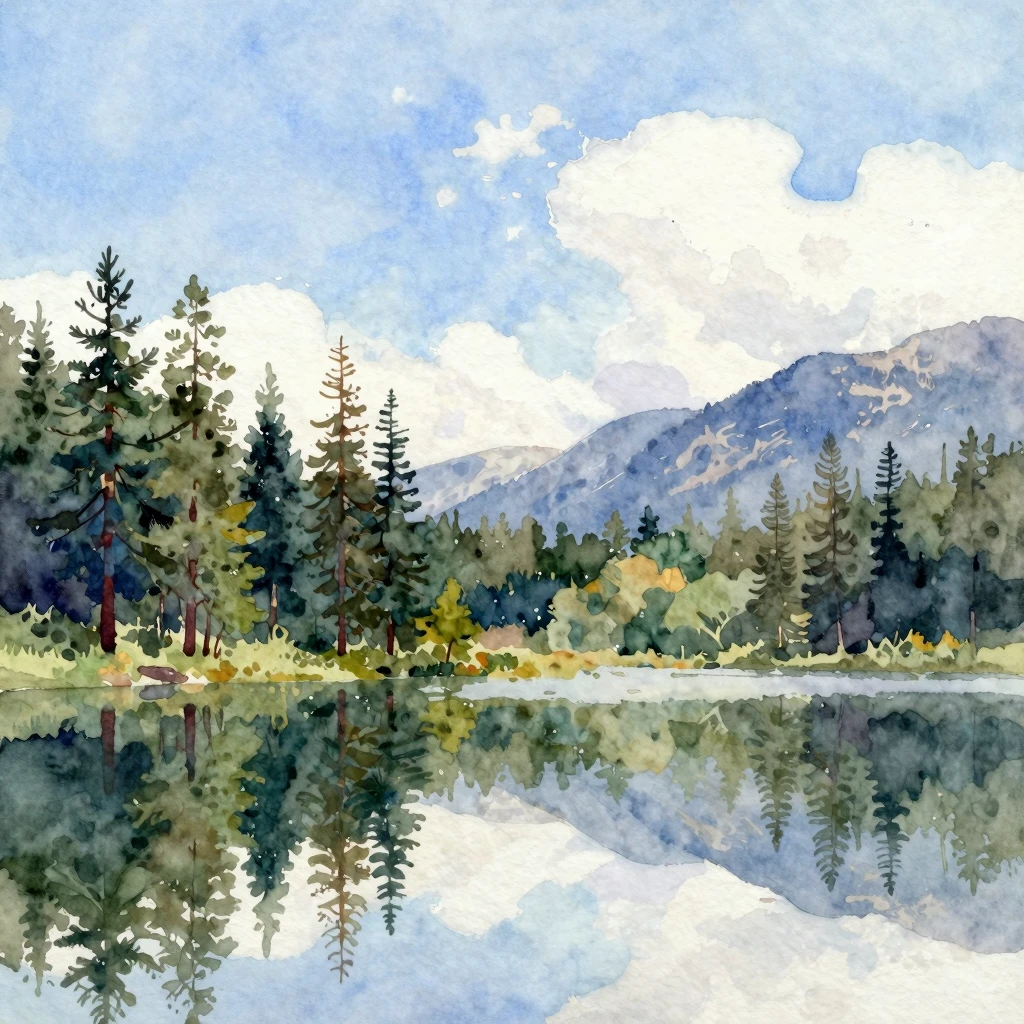 A watercolor painting of a serene mountain lake reflecting p...