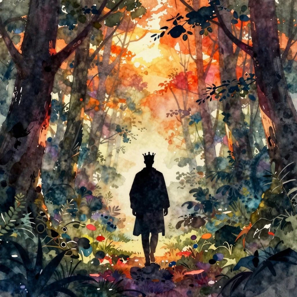 A lone silhouette of a king, barefoot, walking into a dense,...