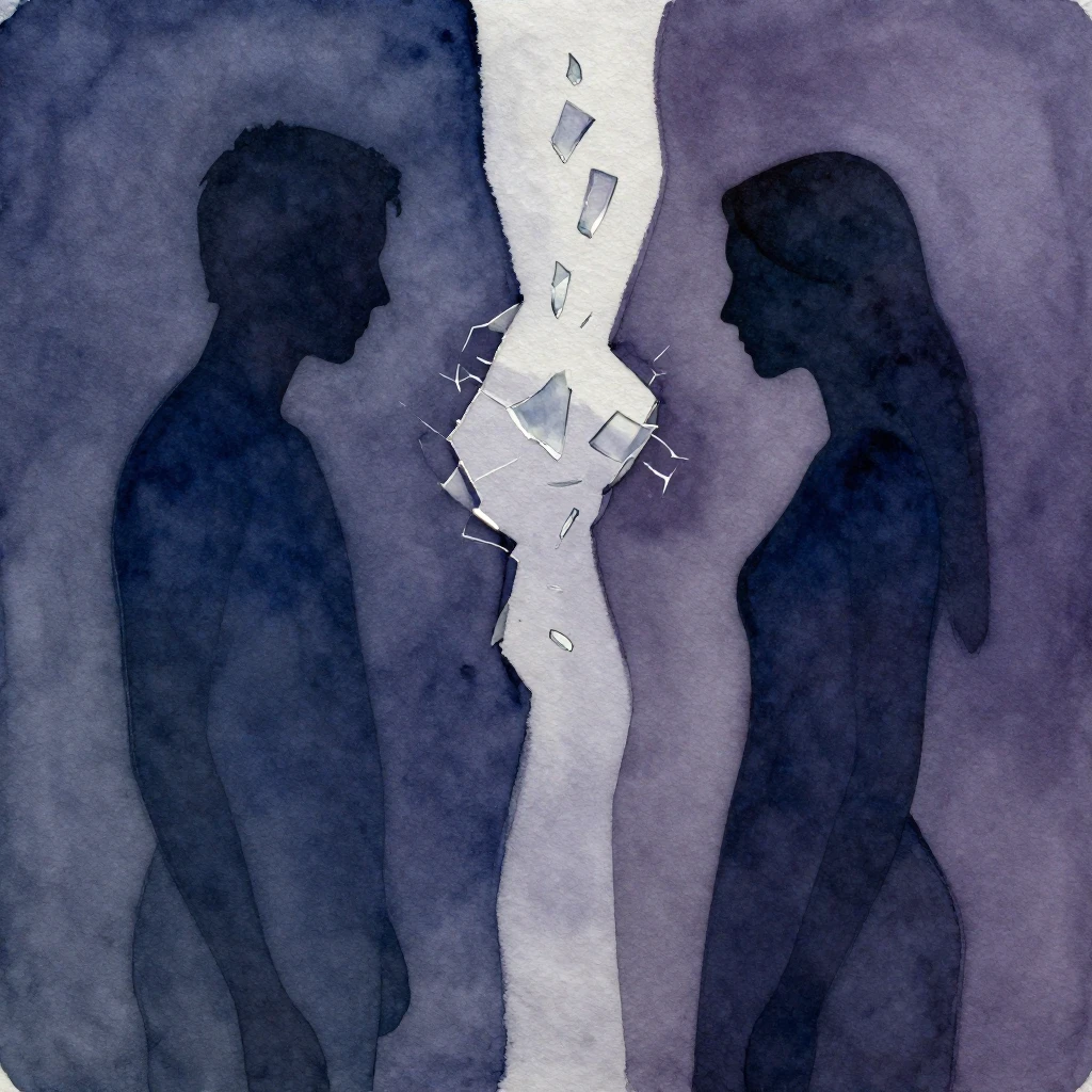 A poignant watercolor painting depicting two abstract figure...