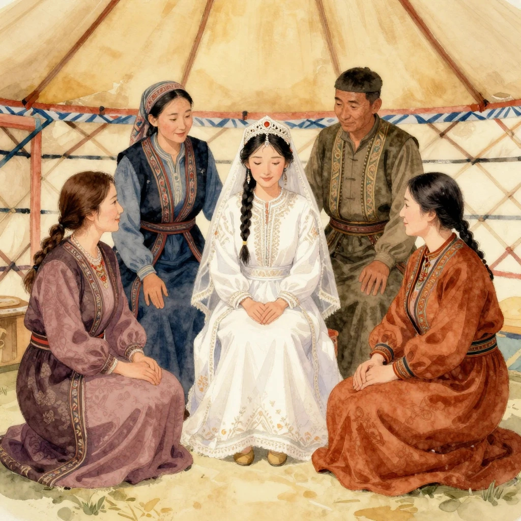 A warm watercolor painting of a Kyrgyz family gathering in a...