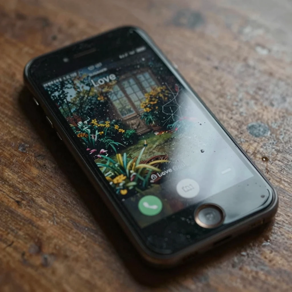 A close-up of an old, cracked smartphone lying on a wooden f...