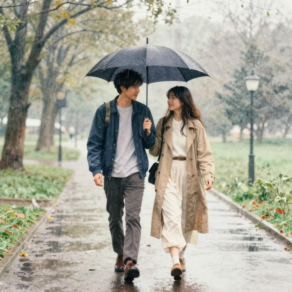 Watercolor painting of two friends walking under an umbrella...